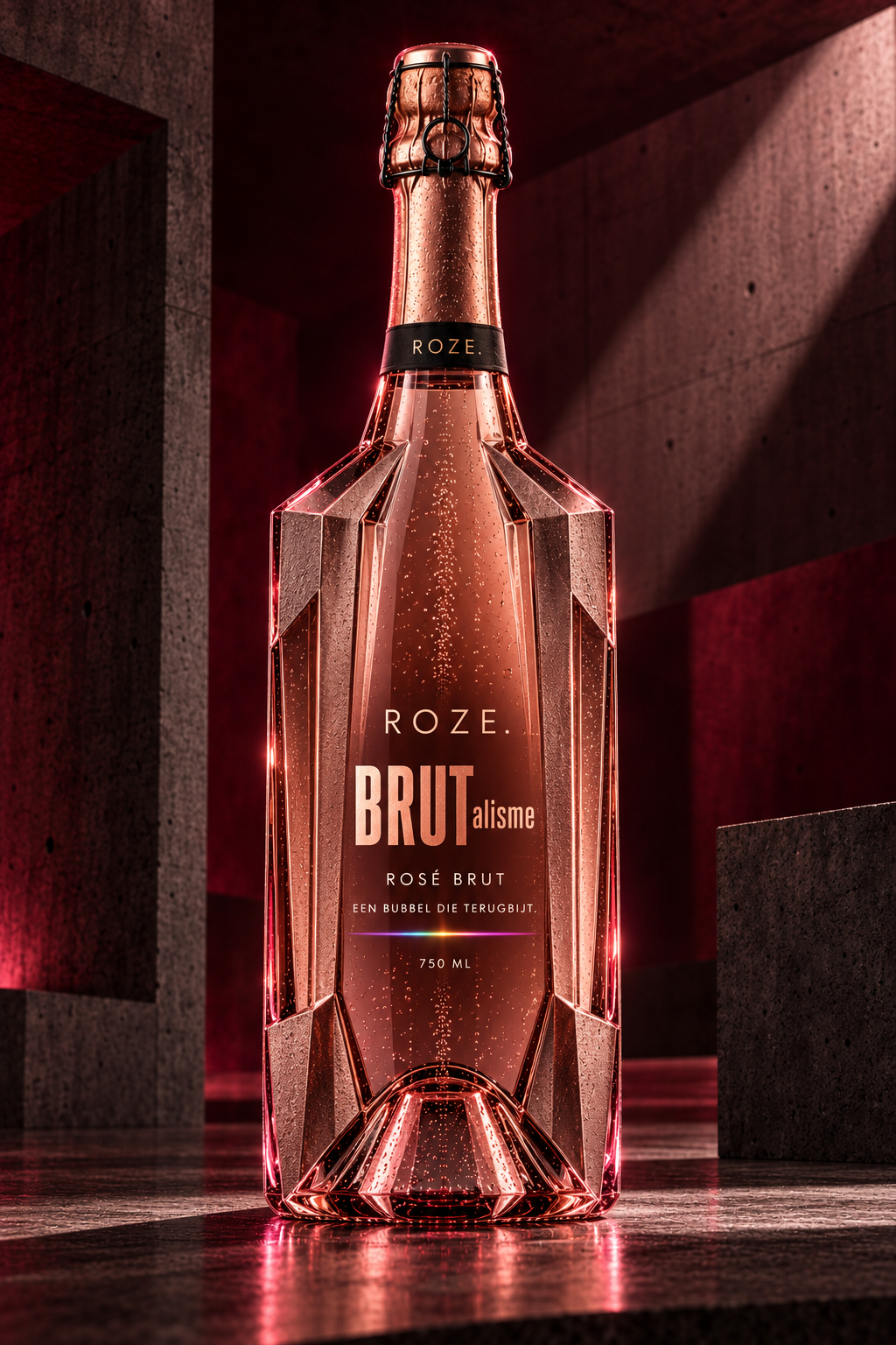 ROZE. BRUTalisme in een hoekige architectonische fles met roségouden capsule