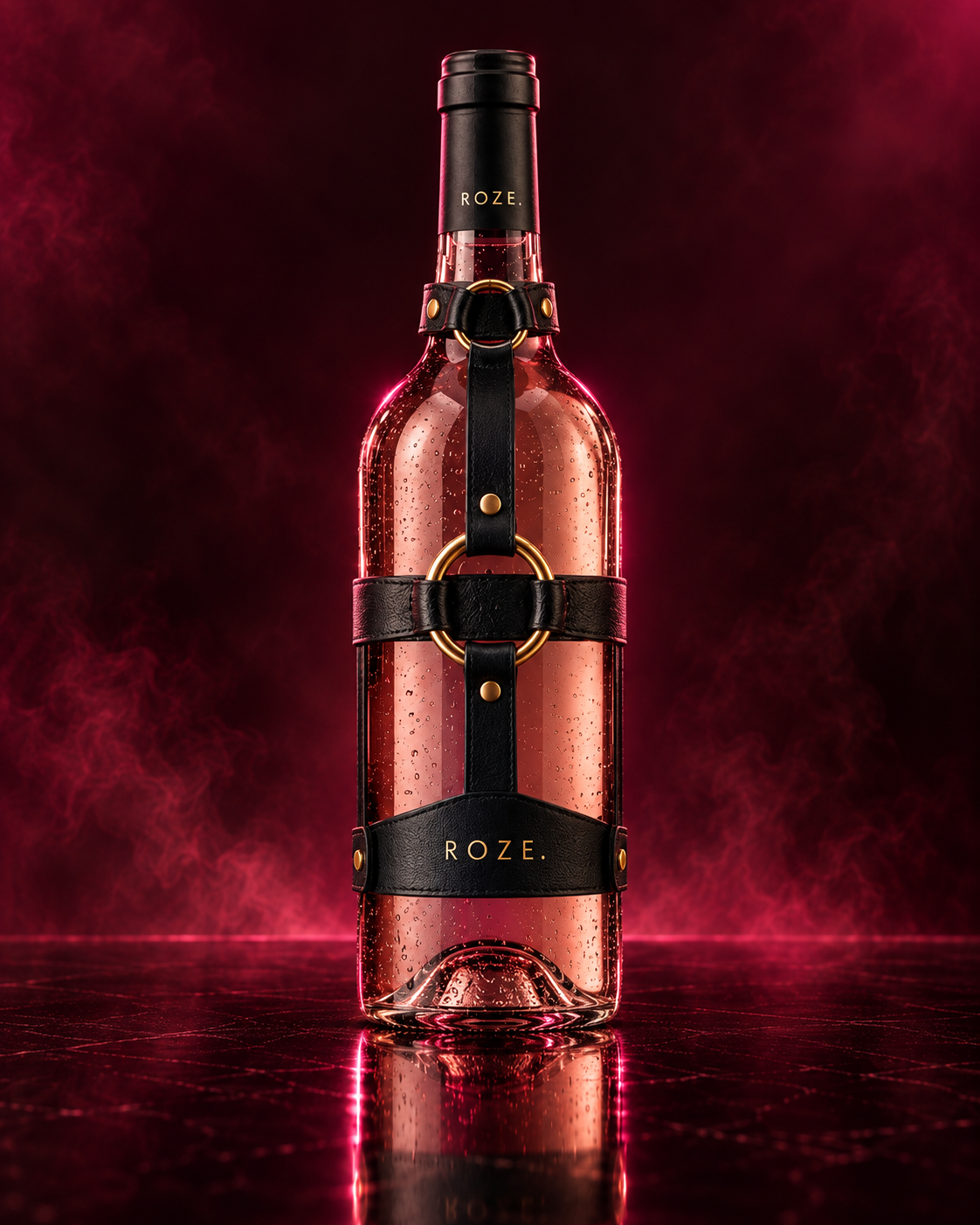 ROZE. Leather in een brede fles met zwartleren harnas en messing ringen